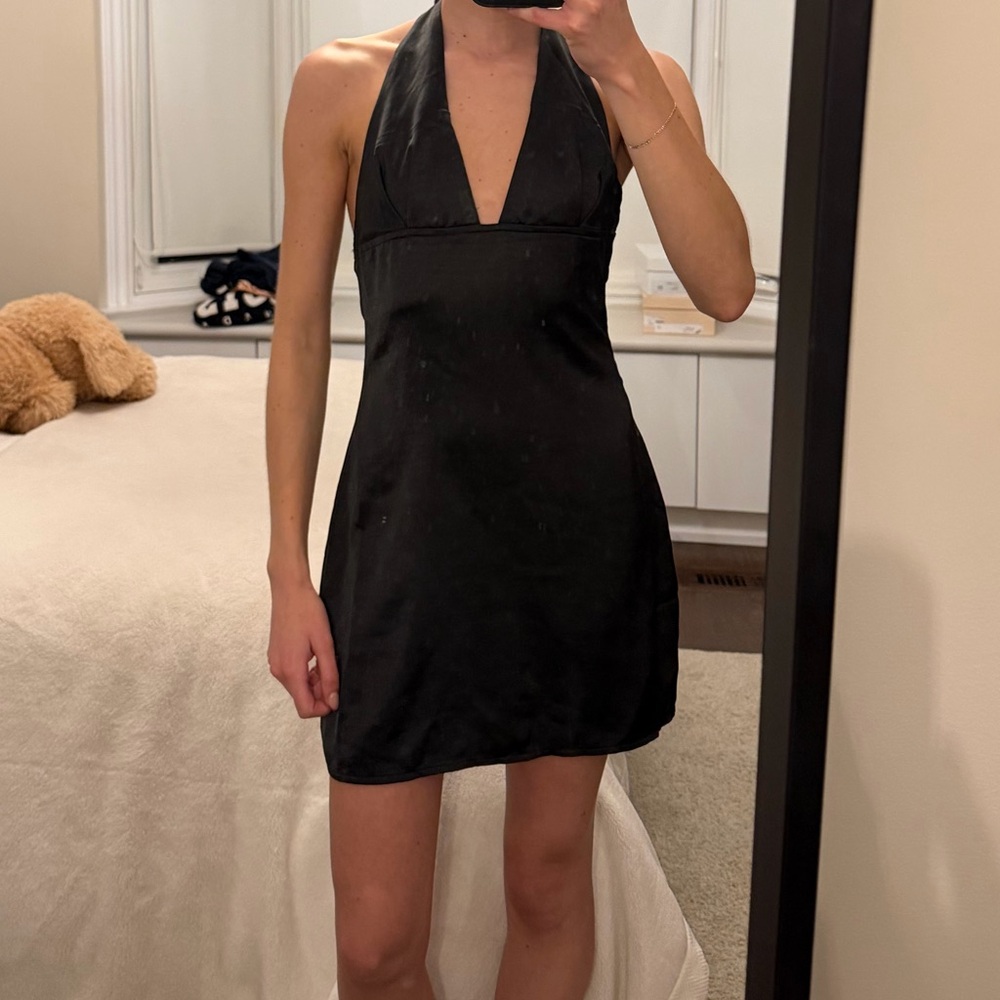 Brand New Mini Black Satin Halter Dress